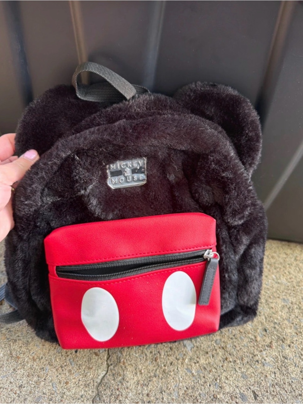 Mickey Mouse Black Faux-Fur Backpack with Red Pocket